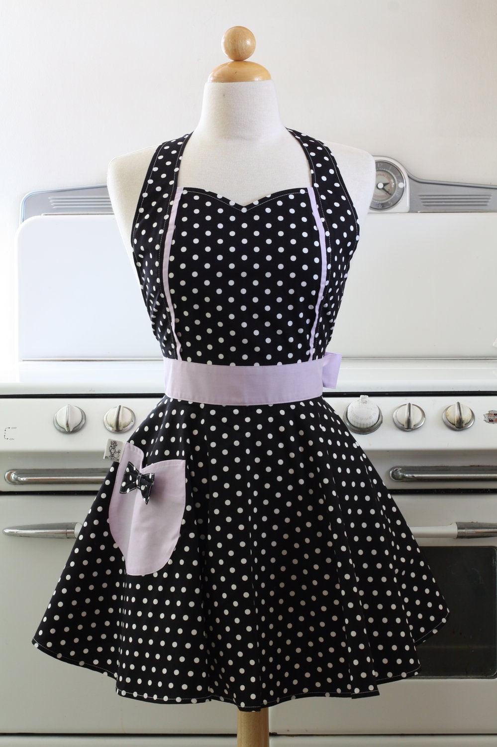 Retro Apron Sweetheart Neckline Black and White Polka Dot with Lavender Purple MAGGIE