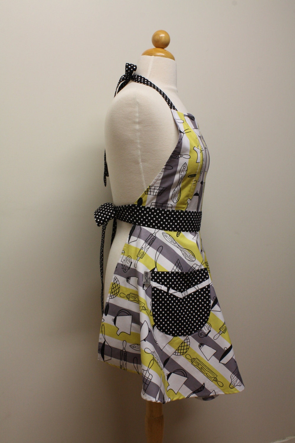 Retro Stripe Apron Mod Yellow Grey Kitchen BELLA