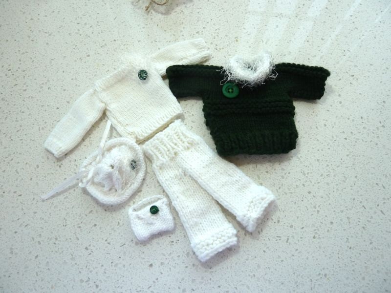 Barbie Clothes - Knit Green and White with Faux Fur 5 Piece Set Fashion Doll