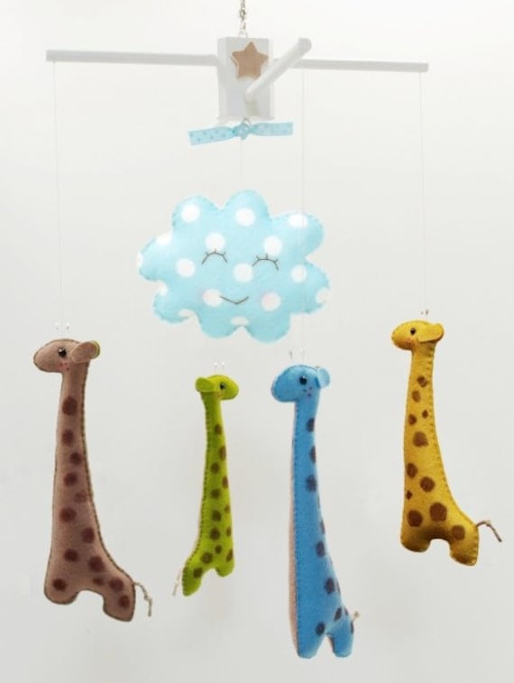 Musical Baby Mobile GIRAFFE LANE (custom color) hand-painted details both sides - Art Mobile for Modern Nursery Decor, Baby Crib, Playroom