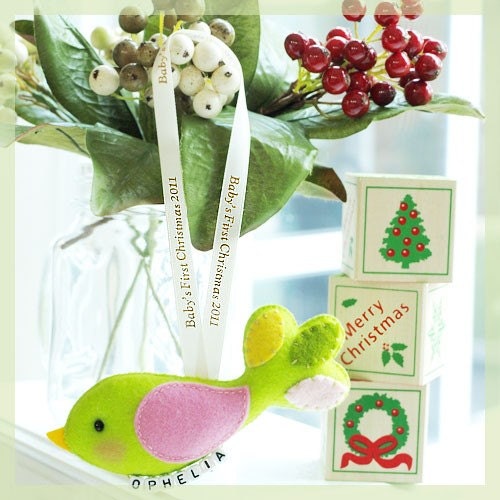 Baby First Christmas 2011 -- Conversation Birds Luxe Holiday Keepsake with Name Charm (NO santa hat)