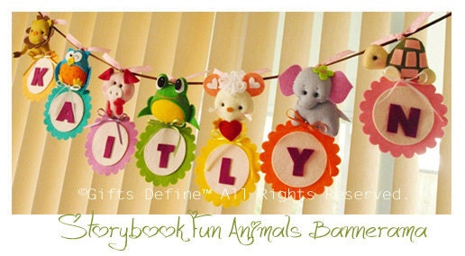 Custom Personalized NAME BANNER with Storybook Fun Animals (set of 4) - Unique  Wall Art Decor Name Banner for Kids room or Baby Nursery