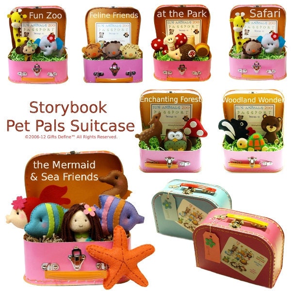 RESERVED for Jennifer Y -- Storybook 3 Pet Pals in SUITCASE - collectible - pretend play - playroom or nursery decor