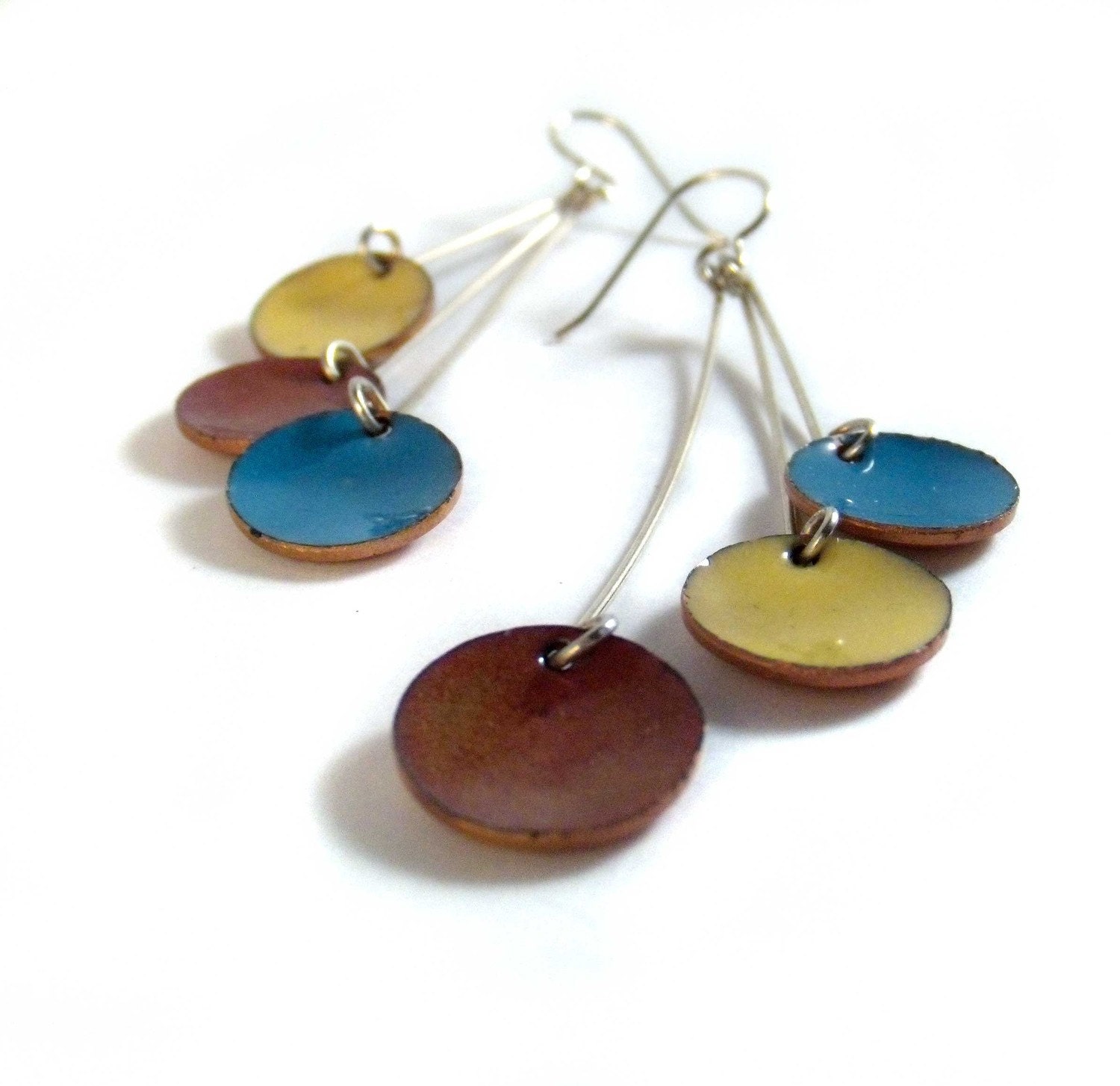 sunshine of your love pendula enamel earrings / daffodil yellow, french aqua blue, lemonade