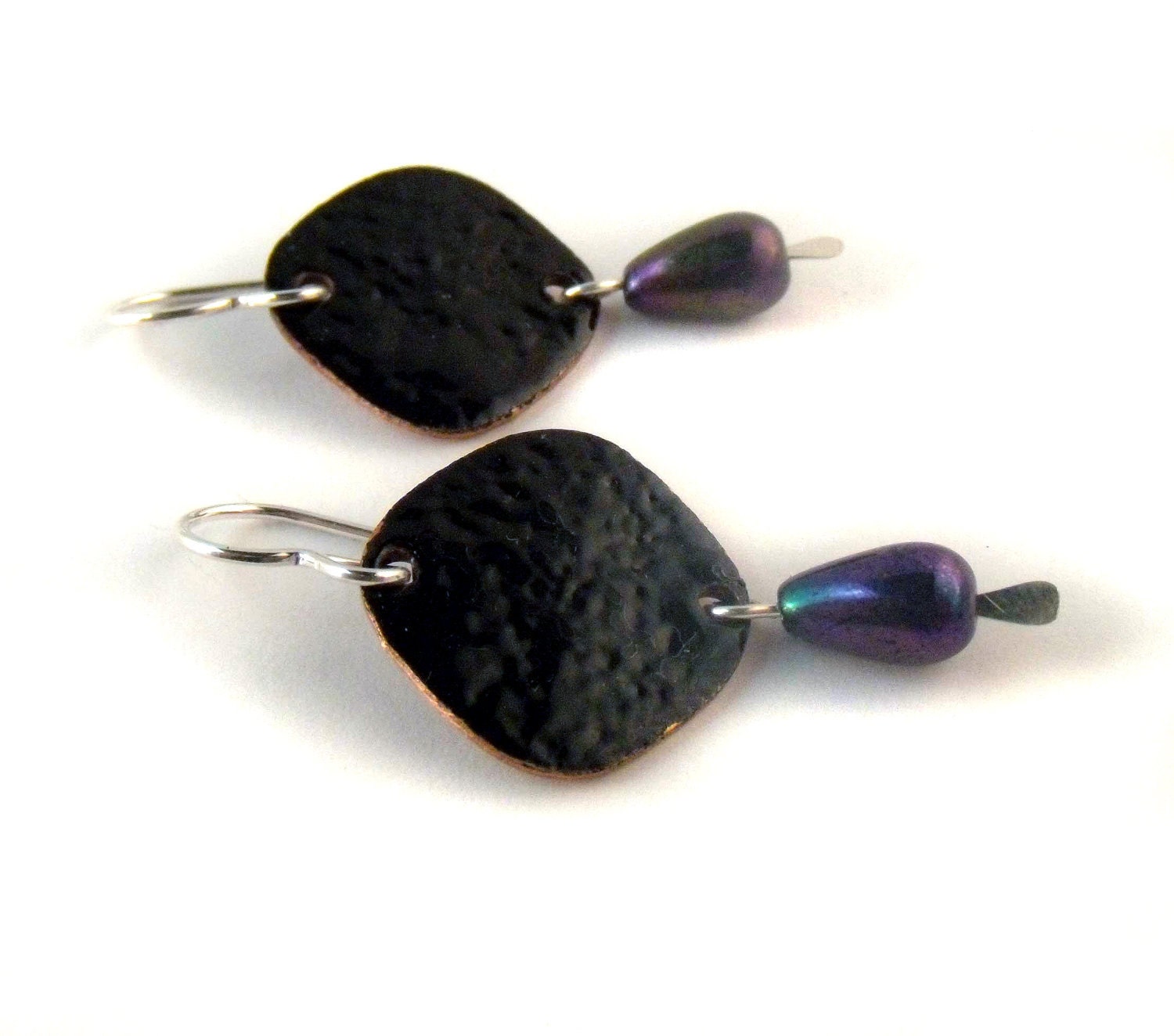 small lantern enamel earrings / jet onyx black and grape plum violet purple glass beads