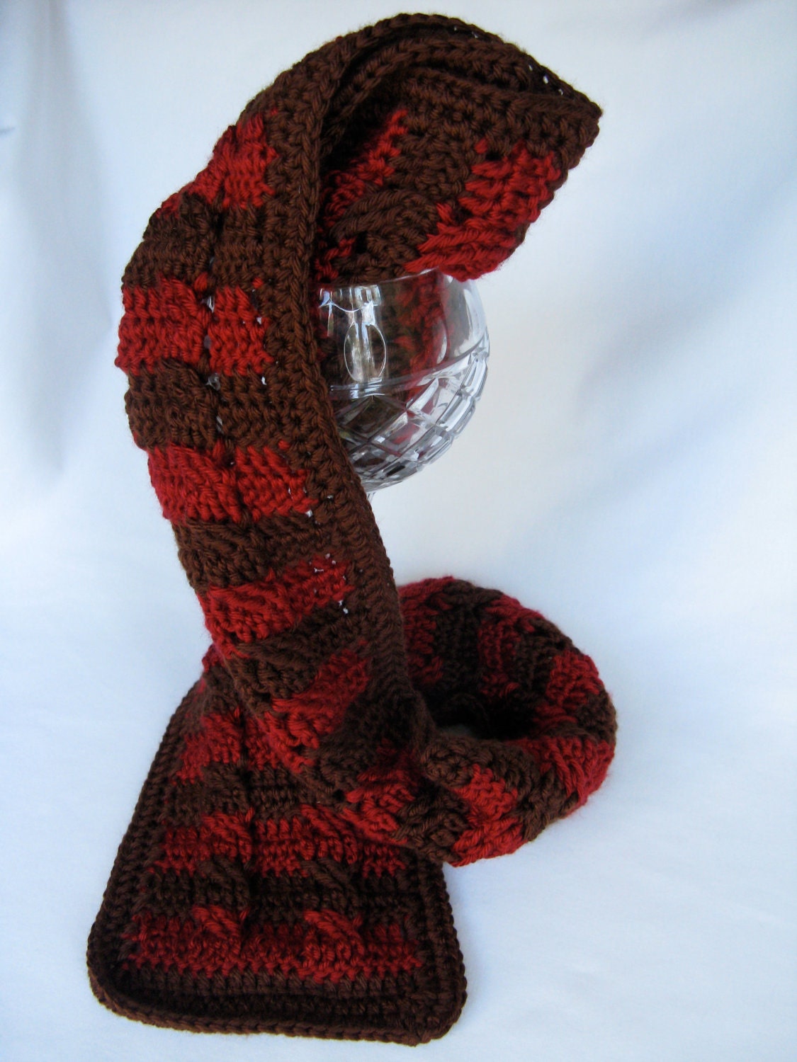Striped Crochet Cabled Scarf - Chocolate and Cranberry - Unisex - Gift Idea