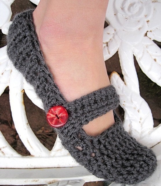 Women's Slippers Crochet Mary Janes  - Charcoal Sz 7-10