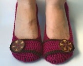 Crochet Womens Slippers, Flats, House Shoes - Fuchsia and Brown - Made to Order
