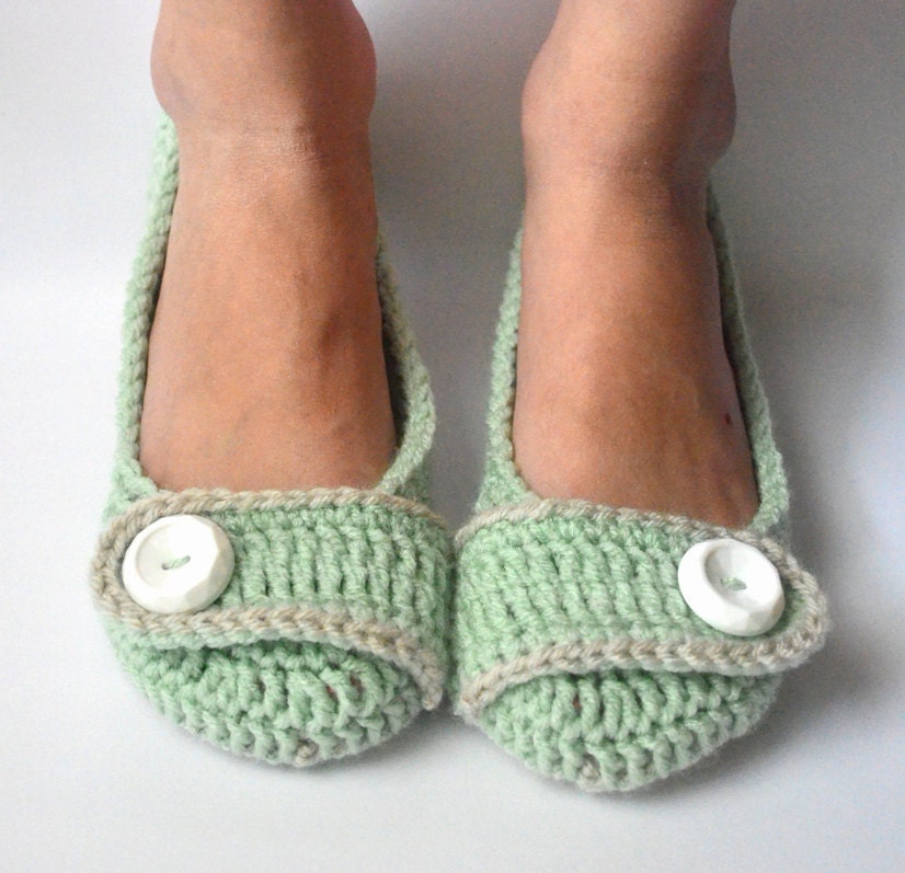 Crochet Womens Slippers, Ballet Flats, House Shoes - Minty Fresh - Made to Order