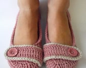 Women's Crochet Slippers House Shoes Ballet Flats - Precious Pink and Linen - Made to Order (Size 8 & 9 READY TO SHIP)