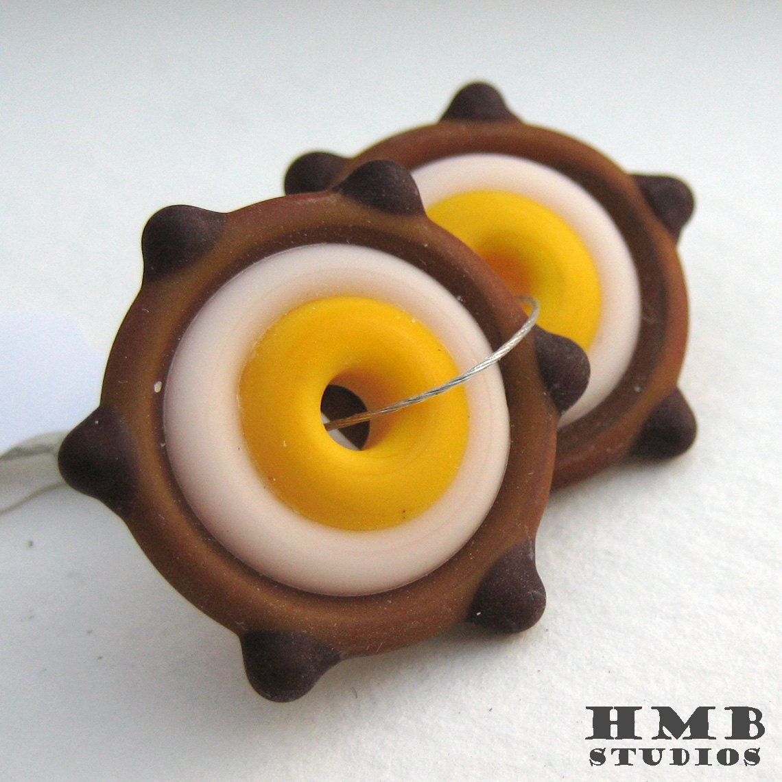 Handmade lampwork matching pair disc beads - Yellow / Cream / Brown / Chocolate