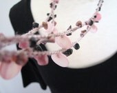 Beaded crochet necklace, wrap bracelet, Rhodonite chips, shell discs, glass beads, Taurus horoscope birthstone, rose pink sand brown