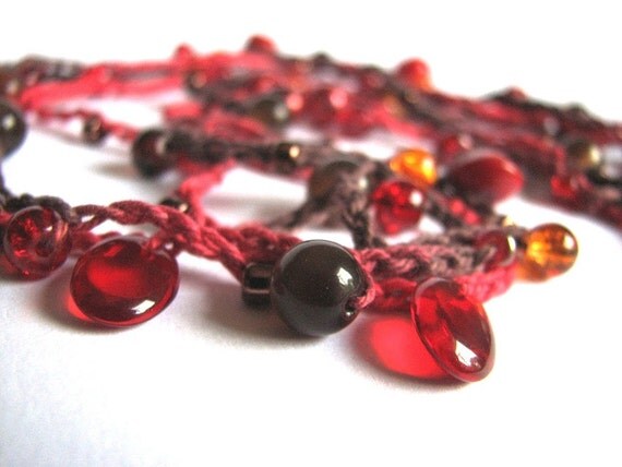 Crochet jewelry, beaded crocheted cotton yarn necklace or wrap bracelet, cherry red chestnut brown golden amber