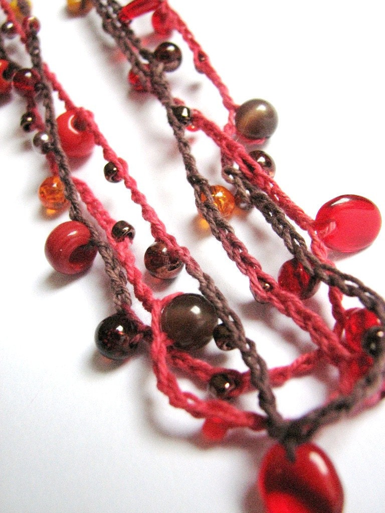 Crochet jewelry, beaded crocheted cotton yarn necklace or wrap bracelet, cherry red chestnut brown golden amber