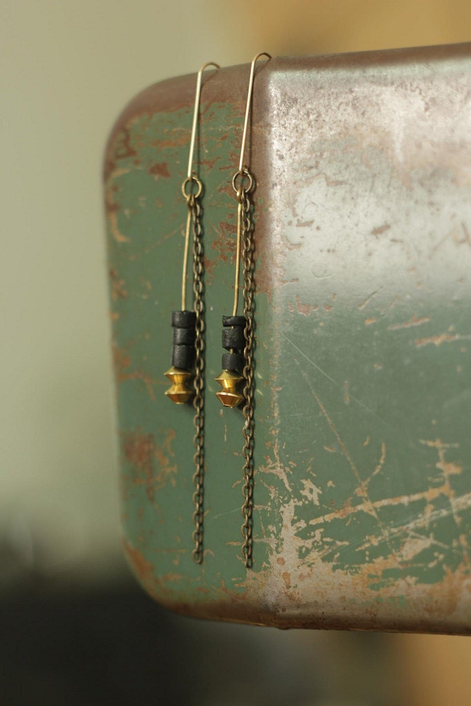 chain earrings with black heishi and brass rondelle beads