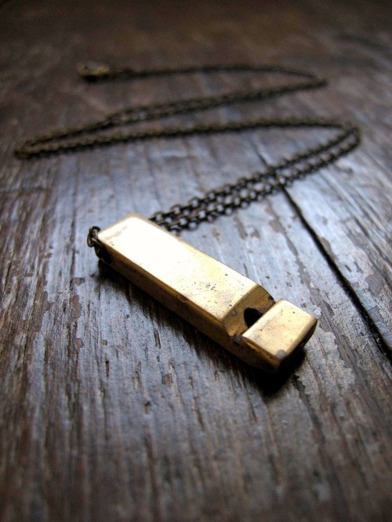 whistle statement necklace in brass on long minimal chain