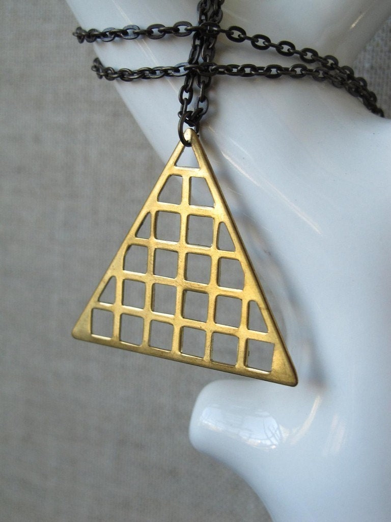 triangle necklace in vintage geometric brass grid