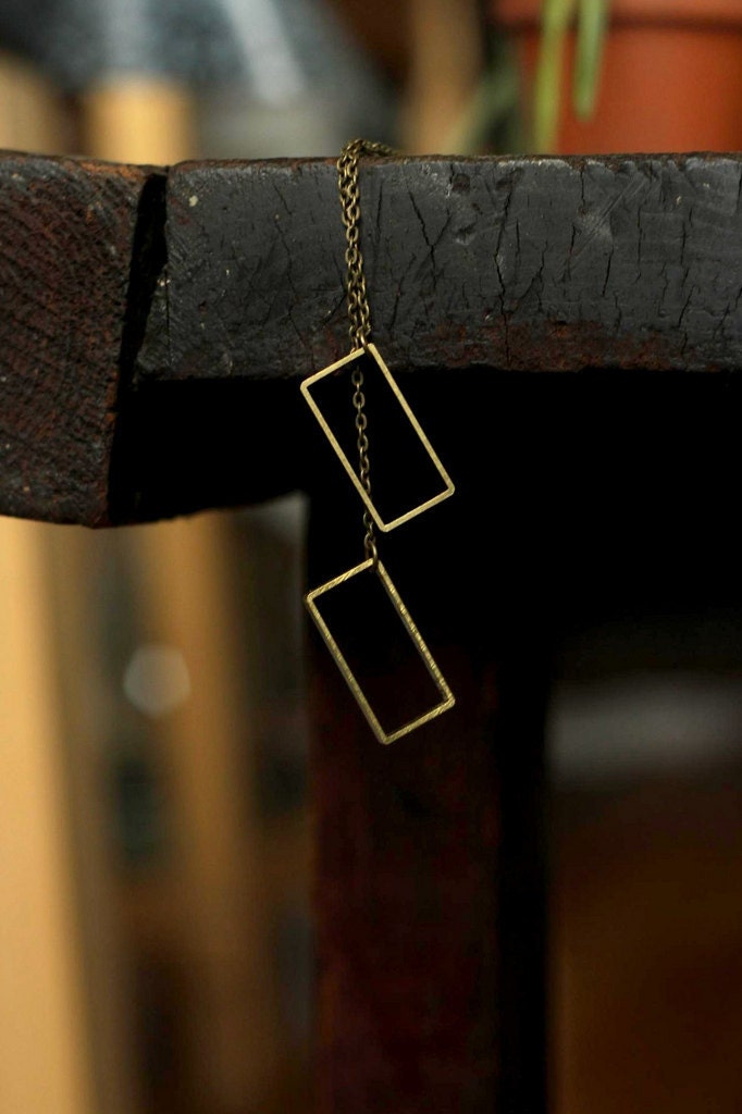 RESERVED geometric rectangle necklace with raw brass pendants on a long chain, geometric jewelry