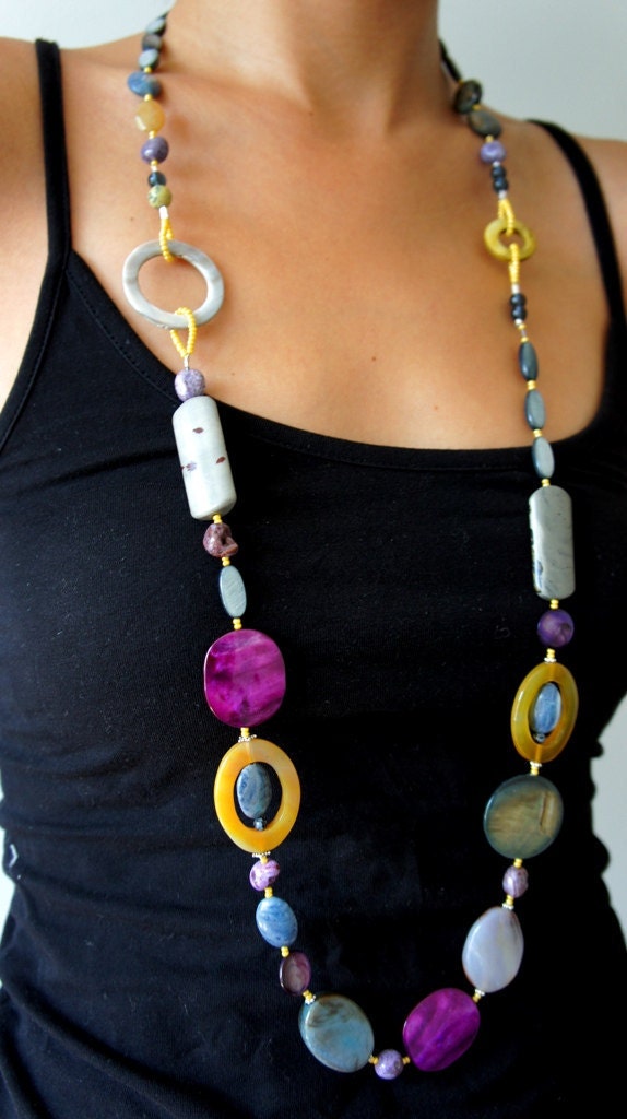 GLAM ROCK beaded necklace made with semi-precious stones, shells and all sterling silver parts. Purple. Yellow.  Grey. Multi-Stone.