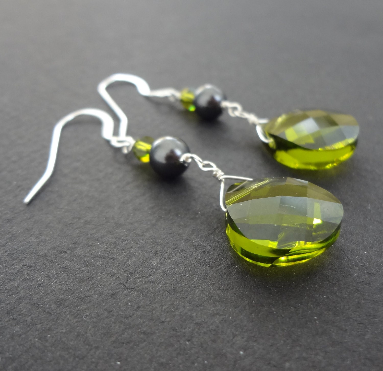 DEW DROPS Olive Green Crystal Bridesmaid Earrings.  Pearl Bridesmaid Earrings.  Wedding Jewelry.  Vintage Style.  Sterling SIlver.