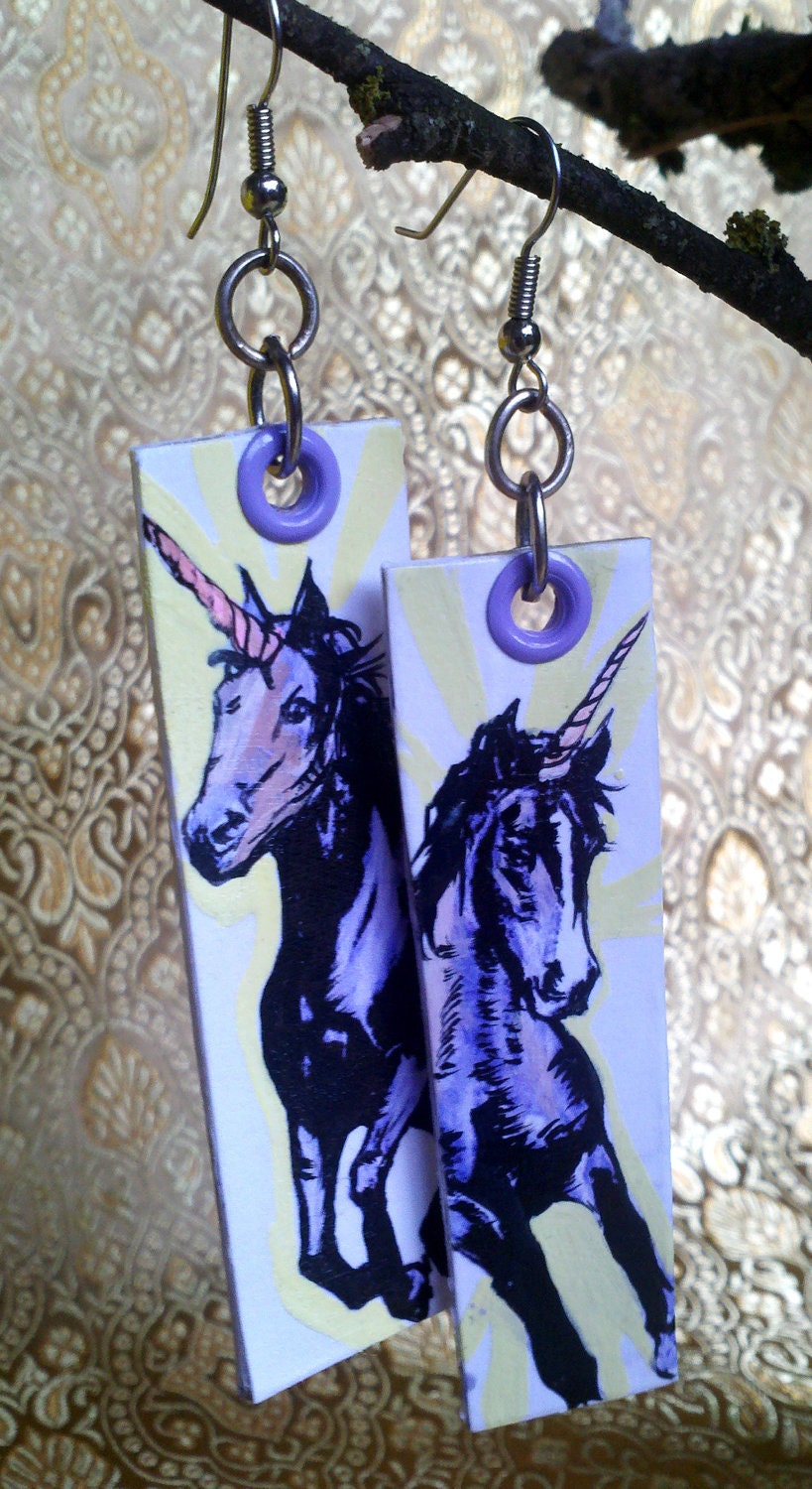 Purple Unicorn - hand-painted rectangular silver earrings - in white and violet
