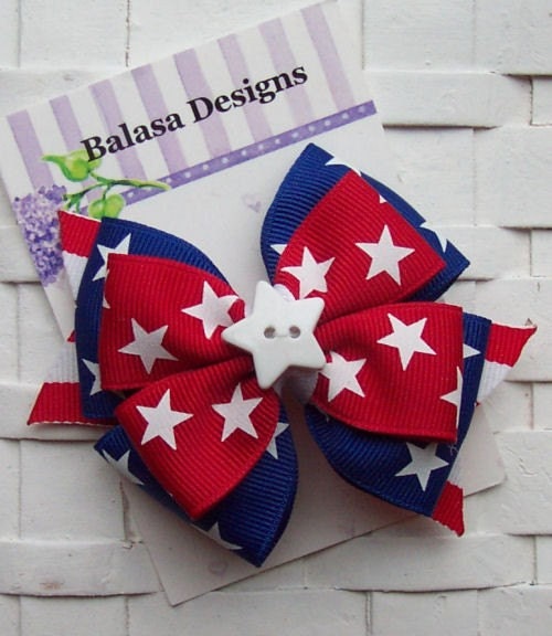 Boutique Red and Blue Stars Patriotic July 4th Layered Hair Bow