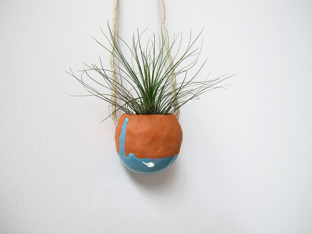 Father's Day Terracotta hanging planter pot vase with teal blue glaze - perfect for air plant, succulent or cactus