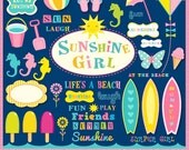 Sunshine Girl clipart set 42 items Commercial and Personal Use Surfing Summer Il_170x135