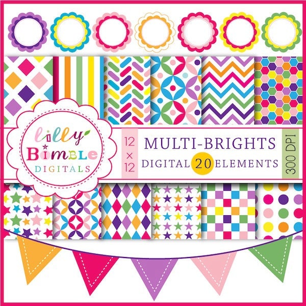 Instant Download Digital Papers, Bunting, Frames Multicolor Personal and Commercial Use- Multi-Brights Il_170x135
