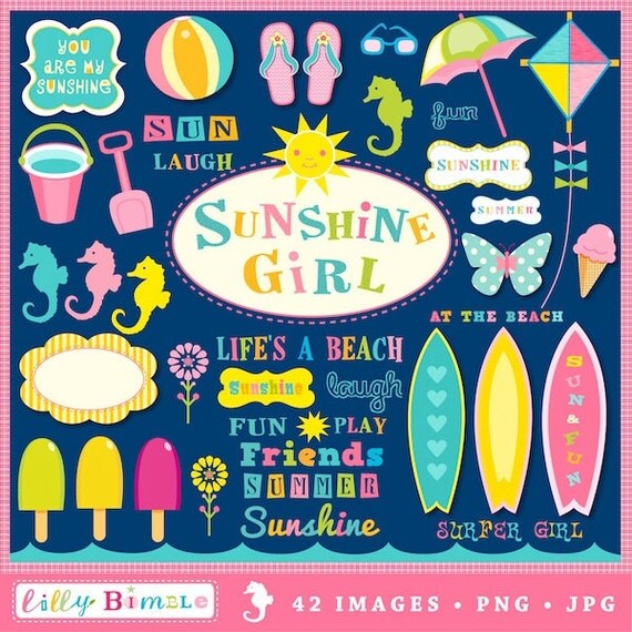 Sunshine Girl clipart set 42 items Commercial and Personal Use Surfing Summer Il_570xn
