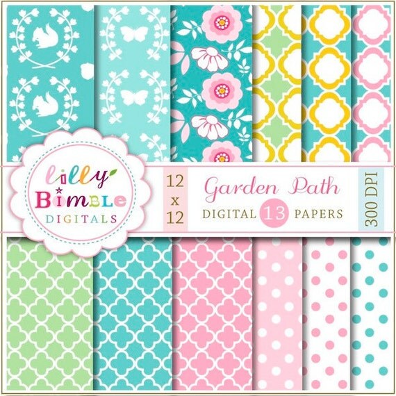 Floral digital papers with flowers, butterflies, woodland scrapbook Garden Path party pink, turquoise Il_570xn