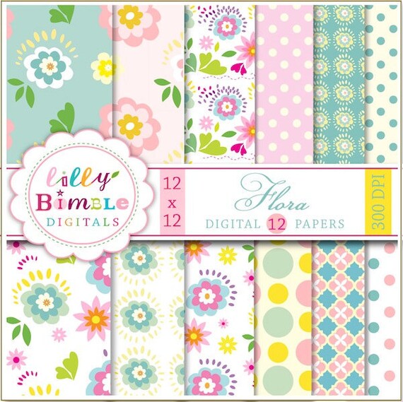 Flora digital scrapbooking papers for invites, cards, Flower paper INSTANT DOWNLOAD Il_570xn