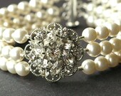 Bridal Pearl Bracelet, Pearl Cuff Bridal Bracelet, Flower Rhinestone Wedding Bracelet, Silver Filigree Vintage Style Bracelet, Celine