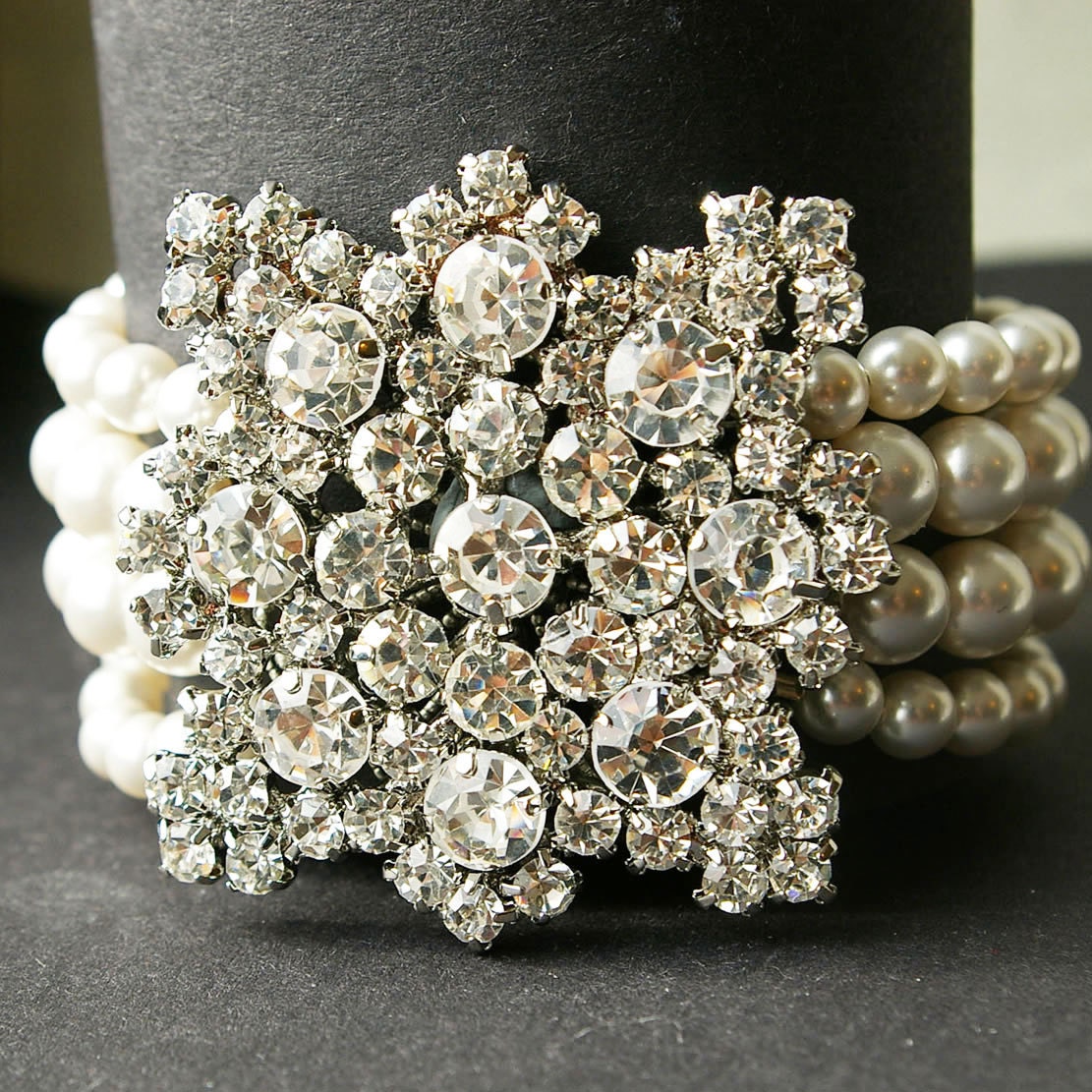 Art Deco Style Bridal Pearl Bracelet Cuff, Rhinestone Wedding Bridal Bracelet, Vintage Inspired Wedding Bridal Jewelry, Maeve