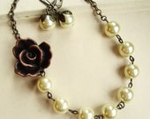 Vintage Brown Rose and Cream Pearl Necklace and Earrings SET, Bridesmaids Jewelry, Bridal Party Gifts, Cream Pearl Necklace and Earrings Set