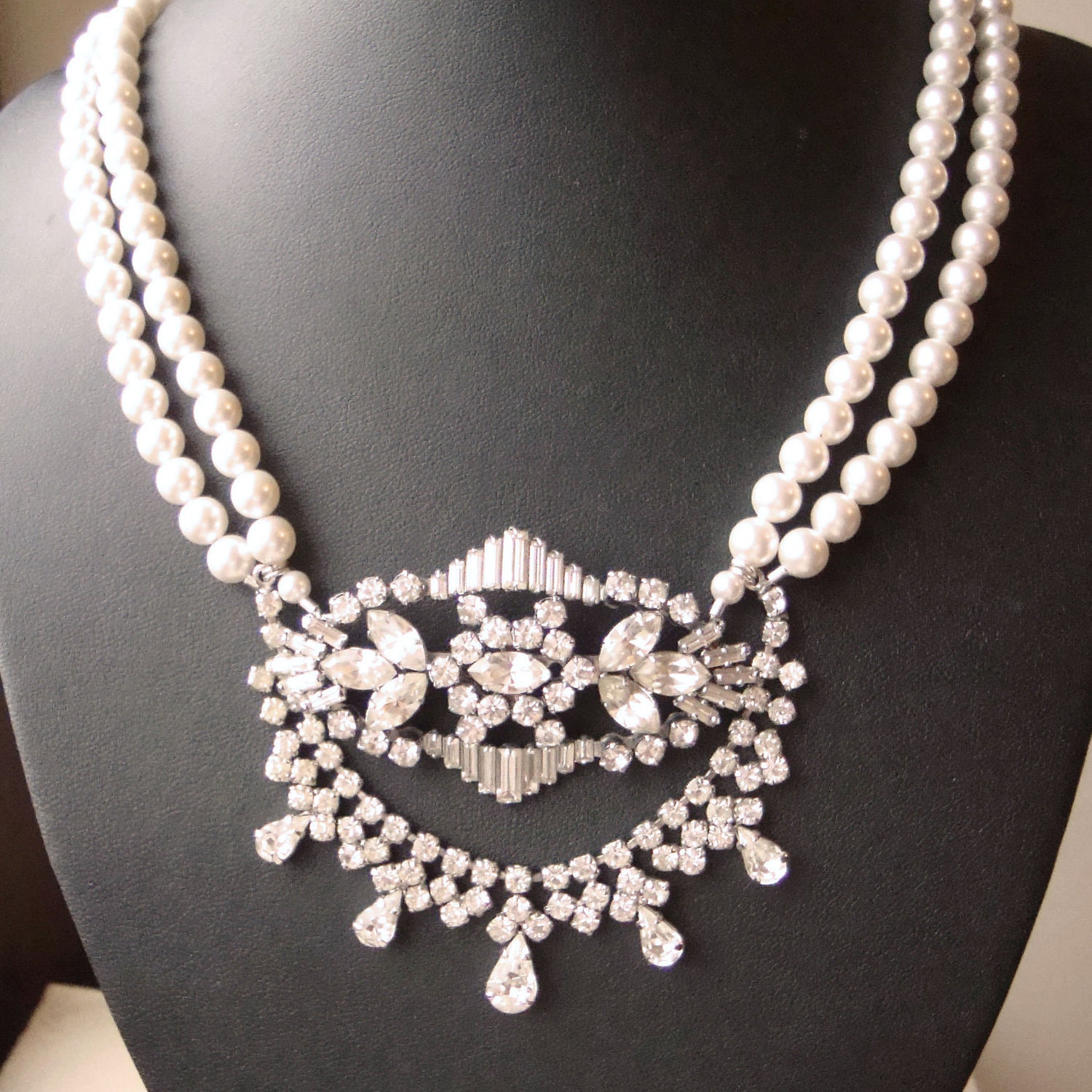 Vintage Bridal Necklace, Rhinestone Wedding Jewelry, Pearl Bridal Jewelry, One of a kind Statement Wedding Necklace