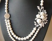 Vintage Style Bridal Necklace, Pearl Bridal Wedding Jewelry, Silver Leaves Wedding Necklace, Statement Bridal Necklace, APRIL