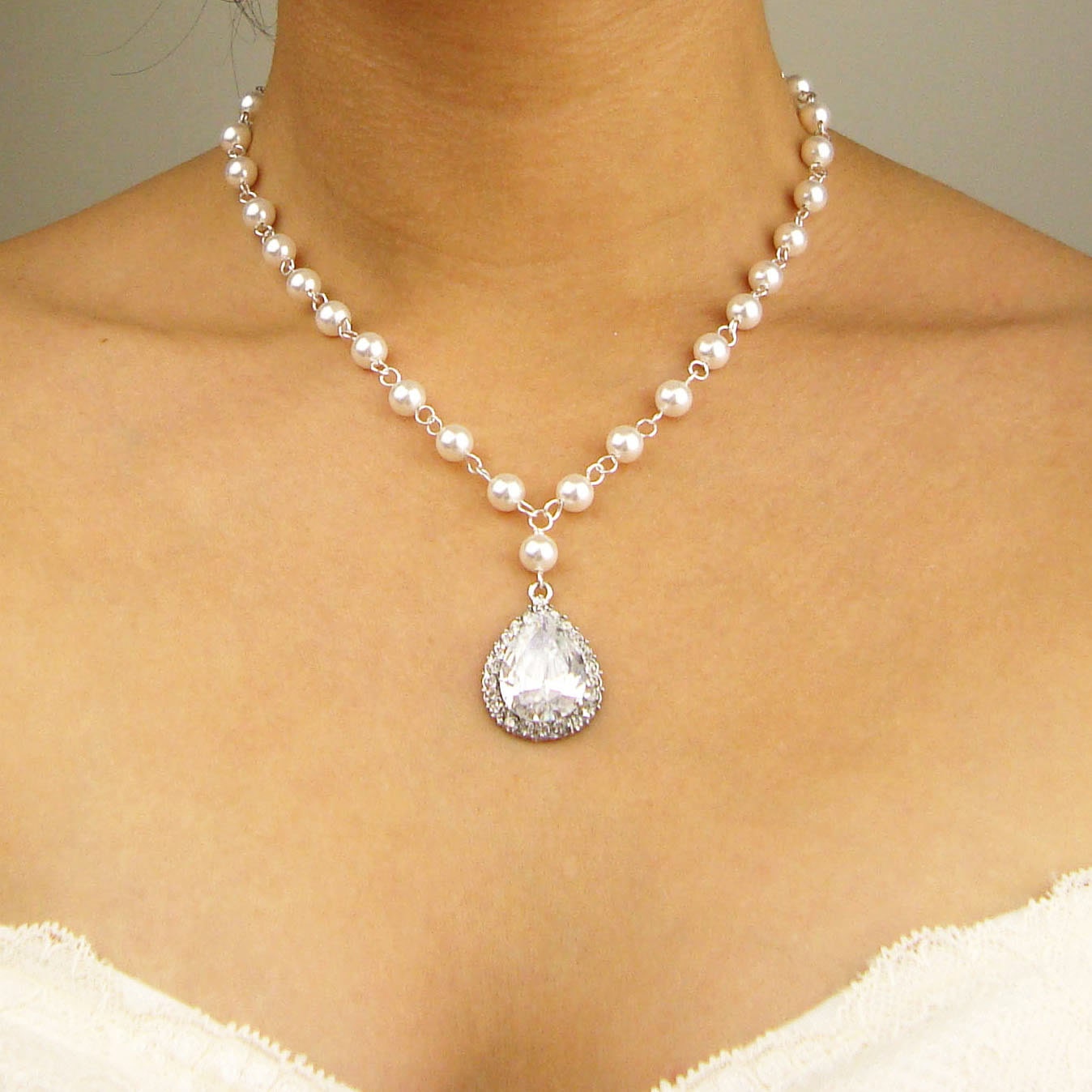 Wedding Necklace, Vintage Style Bridal Necklace, Cubic Zirconia Wedding Jewelry, Ivory White Pearl Bridal Jewelry, DIAMOND GLOW