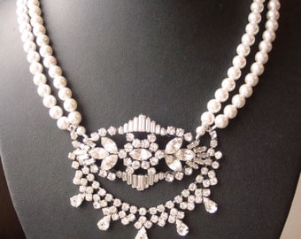 Vintage Bridal Necklace, Rhinestone Wedding Jewelry, Pearl Bridal Jewelry, One of a kind Statement Wedding Necklace