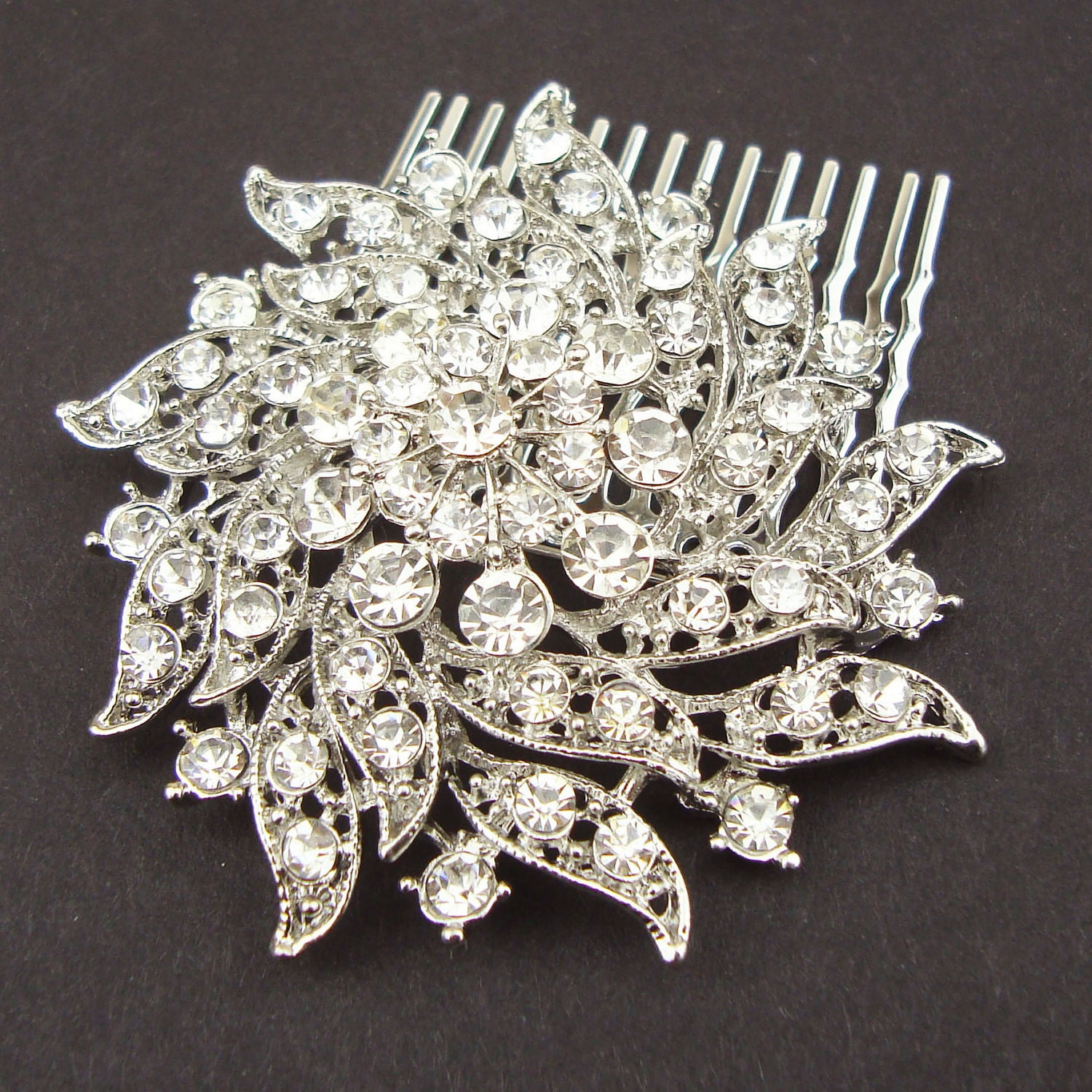 Crystal Bridal Hair Comb, Bridal Wedding Hair Accessories, Rhinestone Wedding Hair Comb, Silver Flower Hair Comb, Old Hollywood, ZINNIA