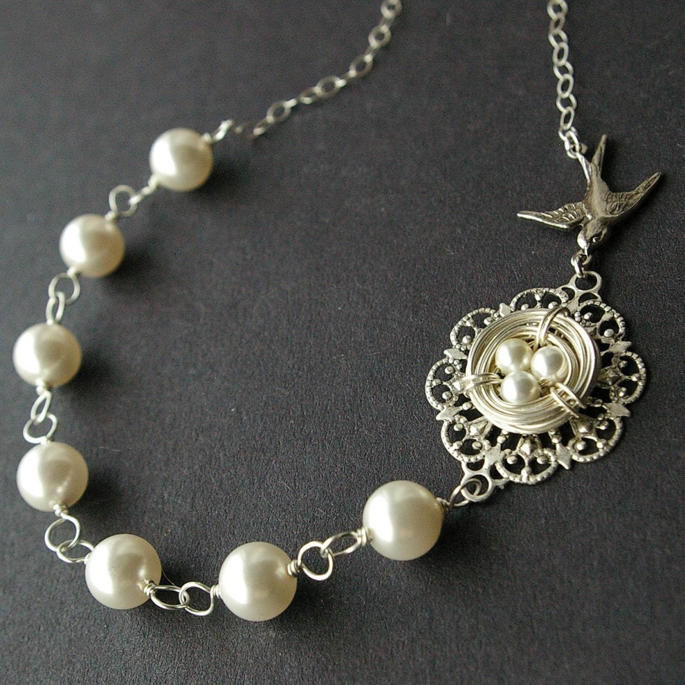 Pearl Birds Nest Bridal Necklace, Sterling Silver Nest, Bridal Jewelry, Wedding Necklace, Ivory White Pearl Wedding Jewelry, PRECIOUS NEST