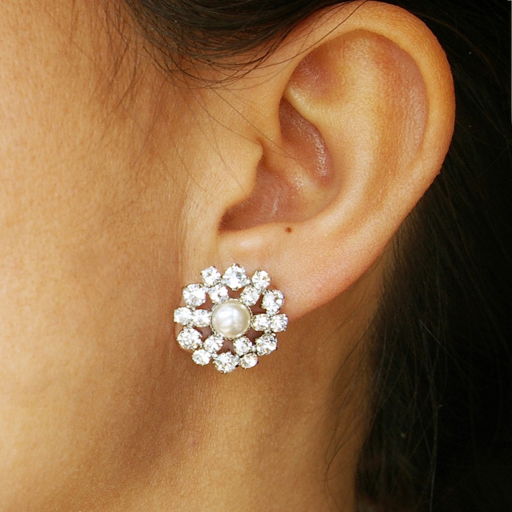 Vintage Style Rhinestone & Pearl Bridal Studs, Rhinestone Stud Bridal Earrings, Art Deco Style Wedding Earrings, CHARLOTTE