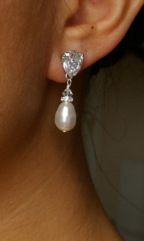 Pearl & Rhinestone Bridal Earrings, STERLING SILVER Earrings, Cubic Zirconia Earrings, Ivory White Pearl Earrings, Large version, CLASSIC