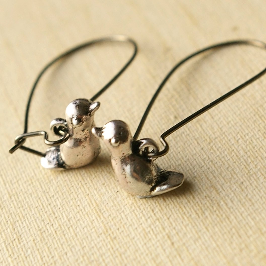 Sweet Tiny Bird Charm Earrings, Antiqued Silver Charm Earrings, Lovebirds CLEARANCE