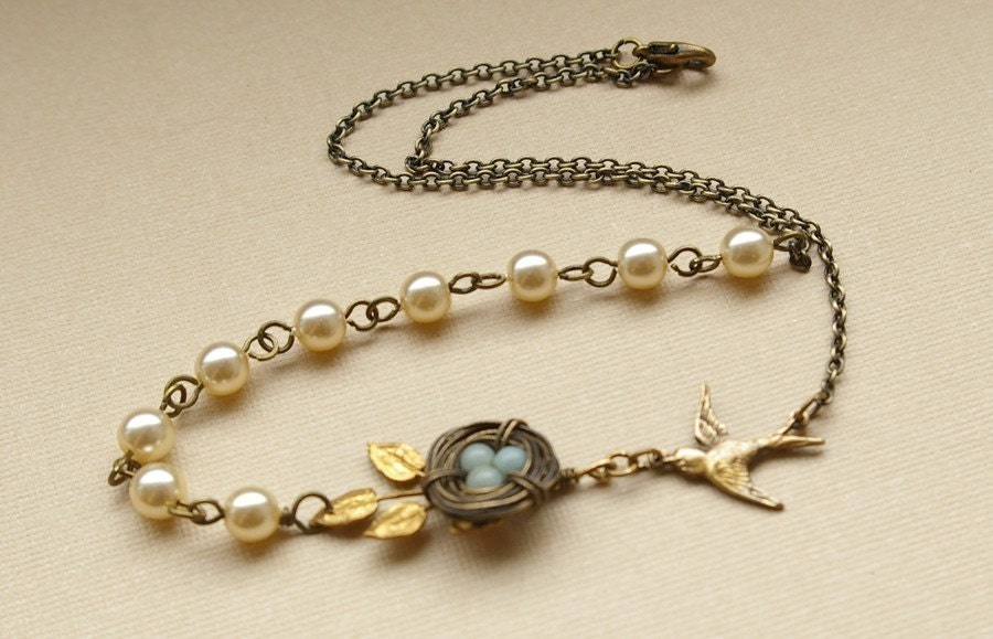 Vintage Leaf Bird's Nest Necklace, Blue Amazonite Egg Bird's Nest, Mother's Necklace, Pearl & Antiqued Bronze Gold Necklace, ROBIN'S NEST