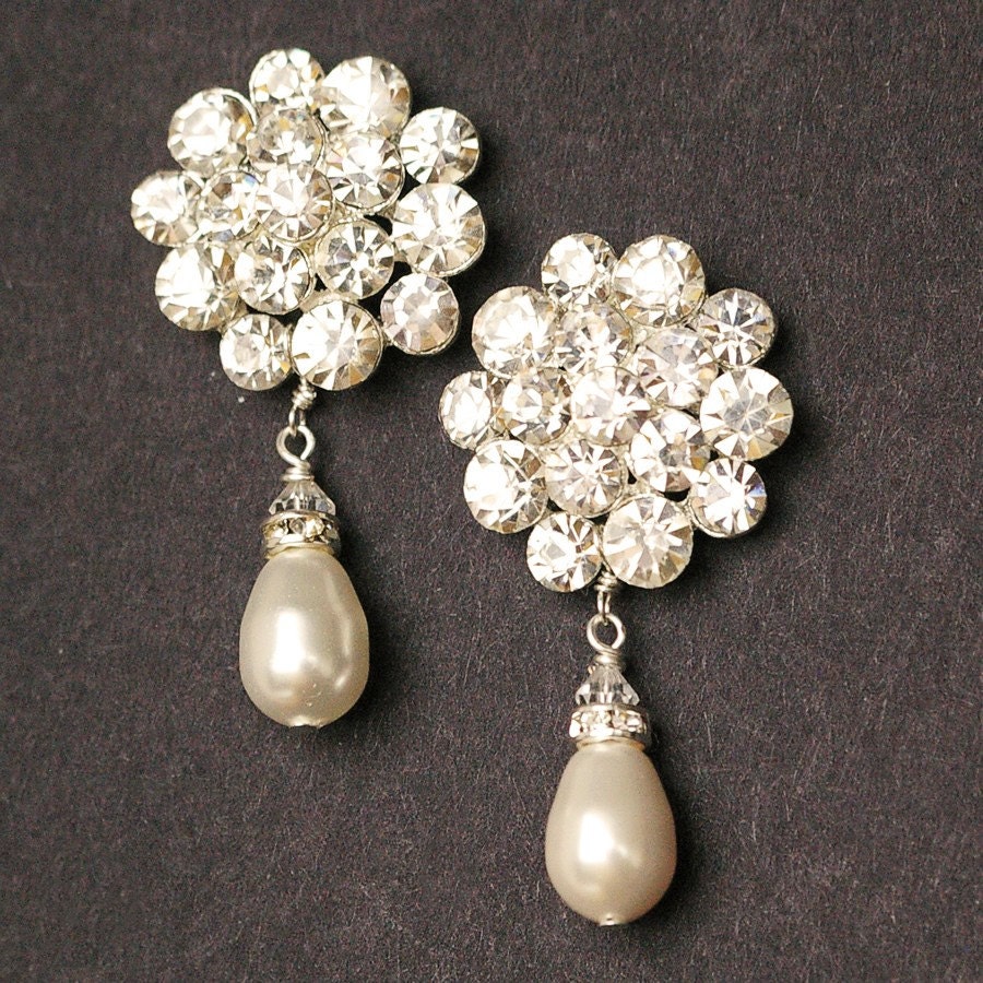 Vintage Style Statement Wedding Earrings, Pearl Teardrop Bridal Earrings, Rhinestone Stud Earrings, Art Deco Style Bridal Jewelry, ELIZABETH