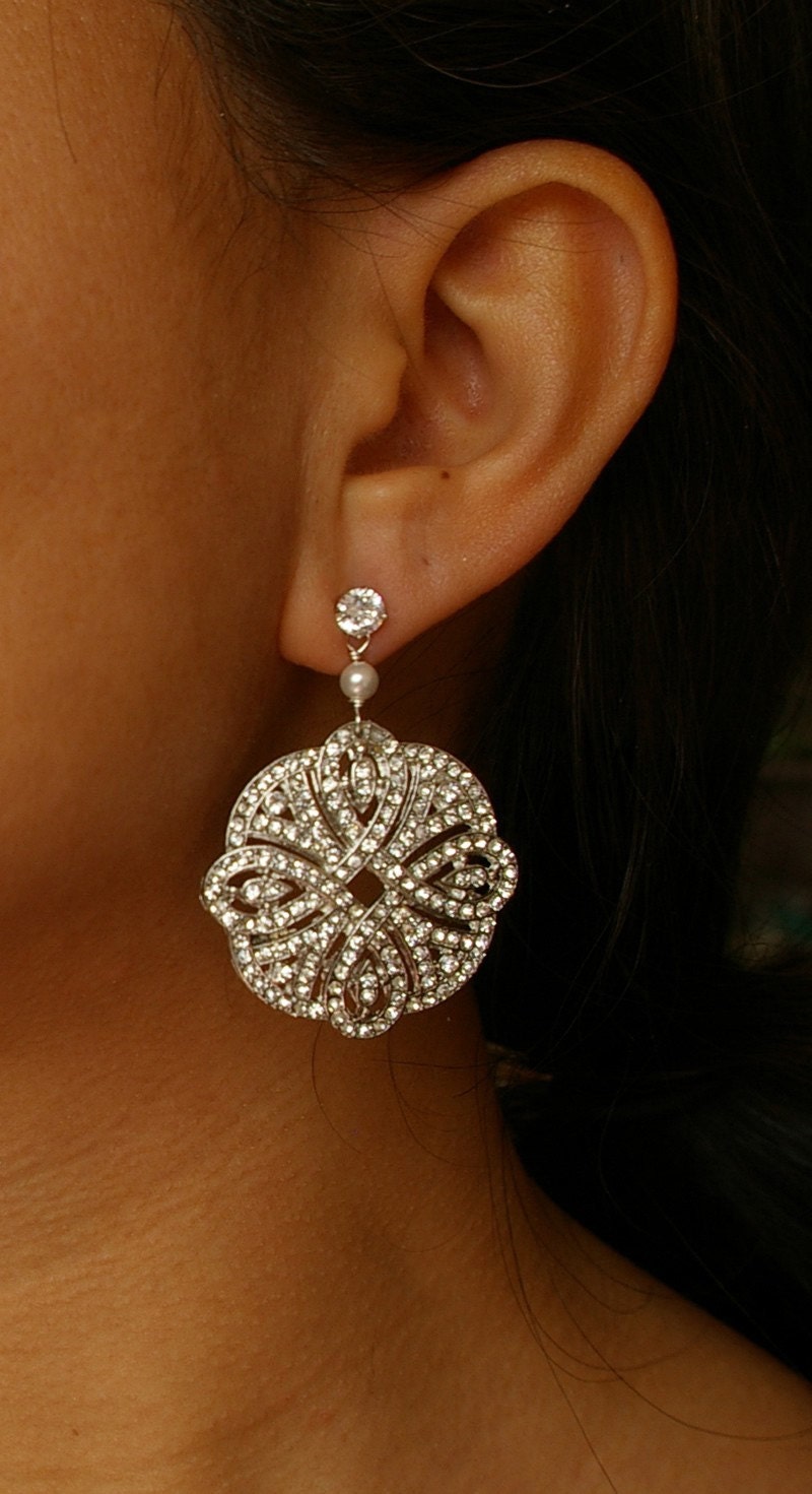 Art Deco Style Filigree Bridal Earrings, Vintage Style Rhinestone Wedding Earrings, Statement Bridal Jewelry, Sterling Silver Studs, ARDEN