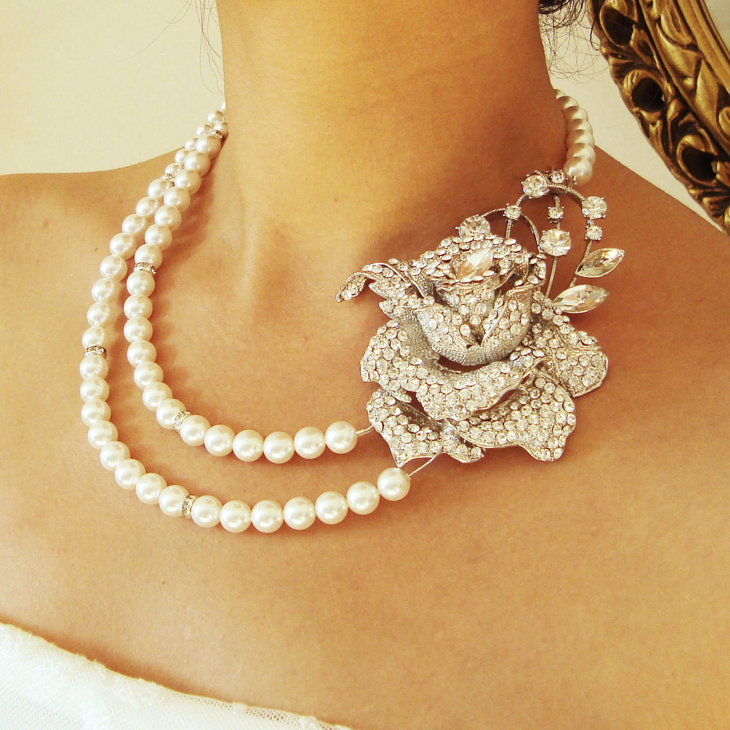 Statement Bridal Necklace, Rhinestone Rose Bridal Jewelry, Pearl Wedding Necklace, Vintage Style Wedding Jewelry, Silver Rose, ROSEMARIE