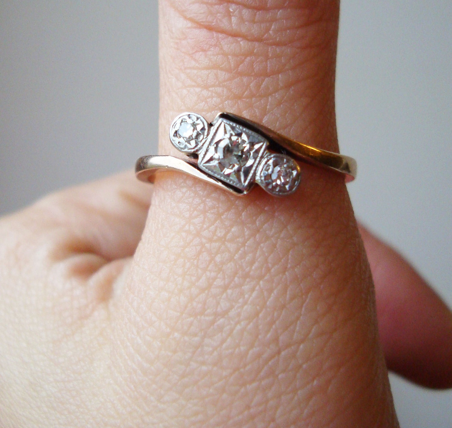 Antique Engagement Ring, Art Deco Trilogy Ring, Platinum Diamond and 9k Gold Ring Size US 8.25