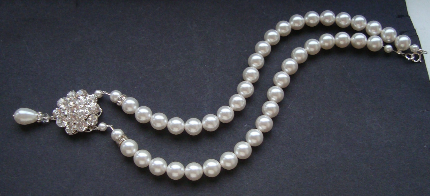 Bridal Pearl Necklace, Vintage Style Wedding Necklace, Rhinestone Bridal Jewelry, Silver Wedding Jewelry, ELIZABETH